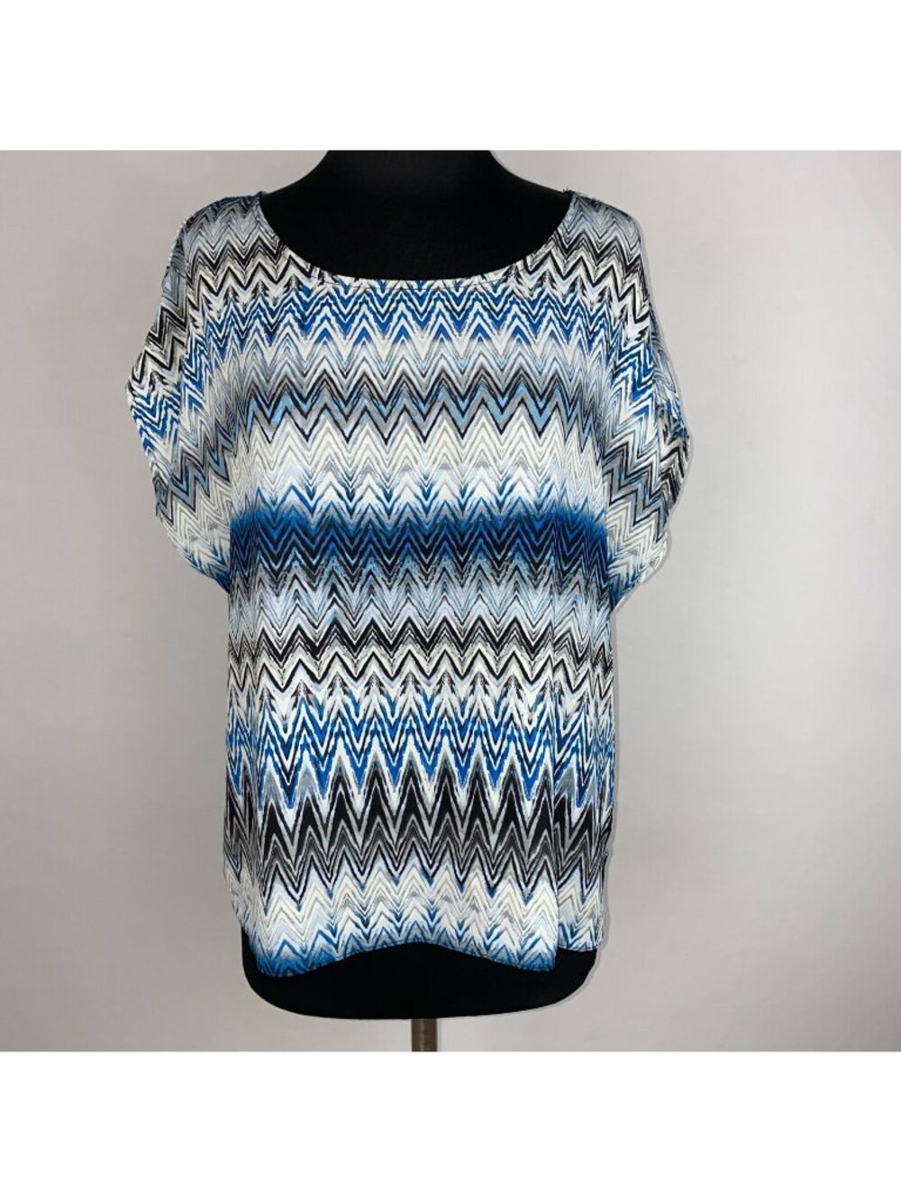 Zac & Rachel Blouse Womens L Chevron Zig Zag Black Sheer Trim Dolman Sleeves